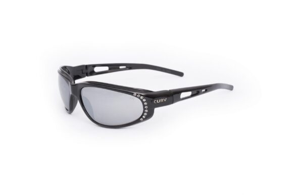 01-33 - Curv Black Rhinestone Sunglasses with Flash Mirror Lenses and Glossy Black Frames
