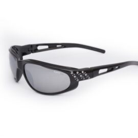 01-43 - Curv Glossy Black Sunglasses with Smoke Lenses and Glossy Black Frames and Rhinestones